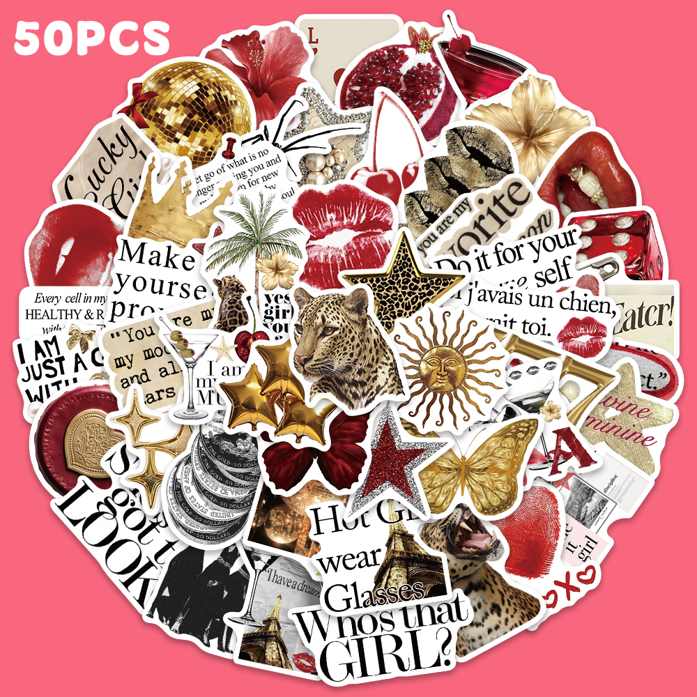 Vintage Fashion Magazine - 50pcs Gold&Red Retro Leopard Print Sticker
