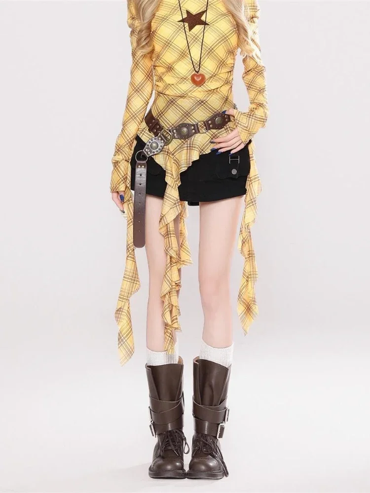 Y2K Plaid Slash Neck Vintage T - Vintage Fashion Aesthetic のレビューと価格