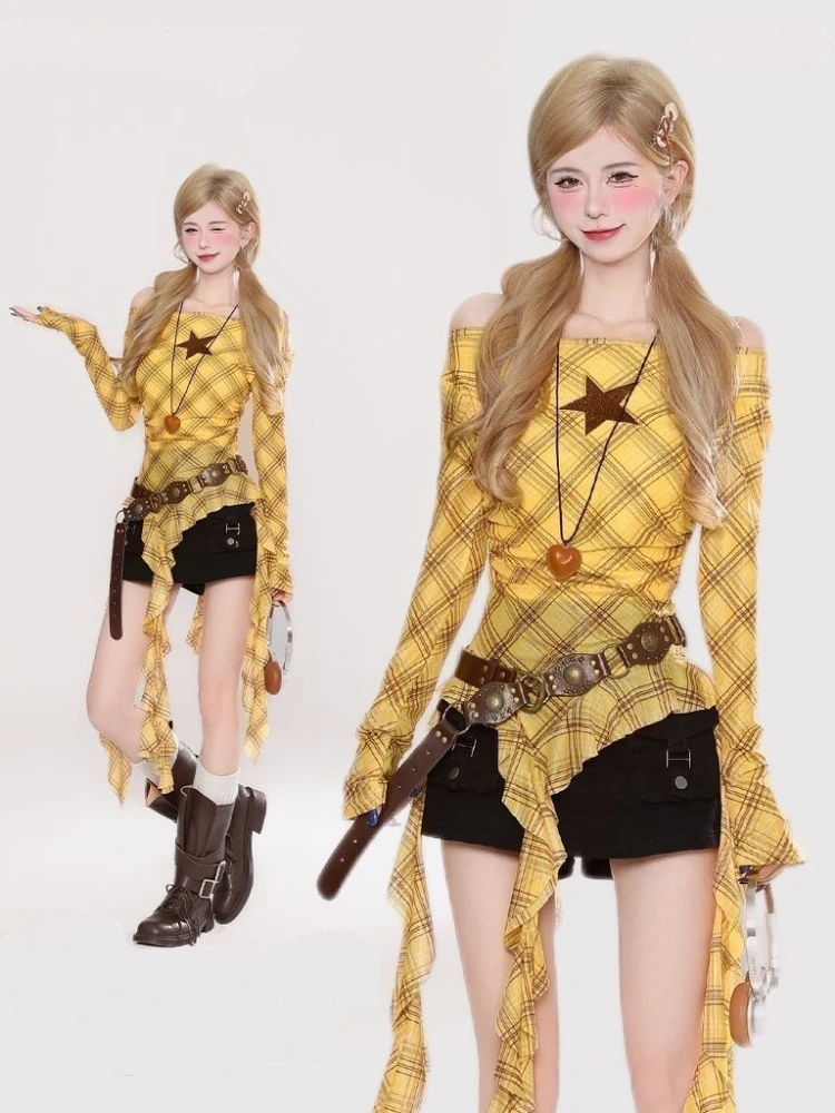Y2K Plaid Slash Neck Vintage T - Vintage Fashion Aesthetic のレビューと価格