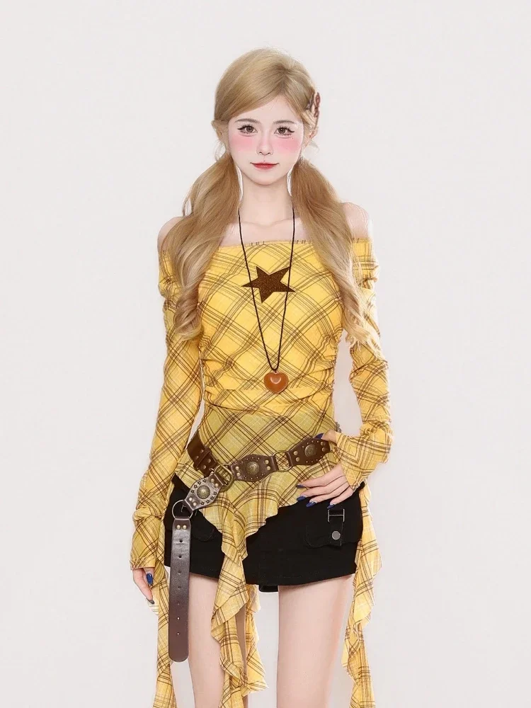 Y2K Plaid Slash Neck Vintage T - Vintage Fashion Aesthetic のレビューと価格