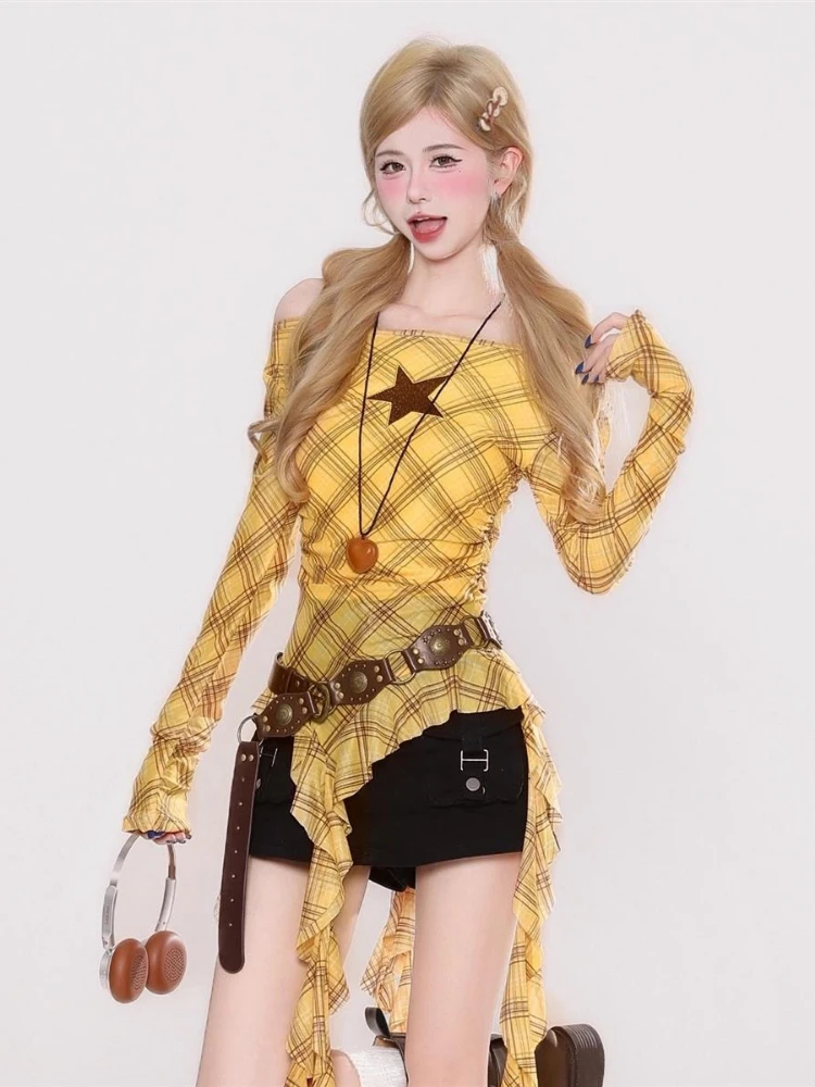 Y2K Plaid Slash Neck Vintage T - Vintage Fashion Aesthetic のレビューと価格